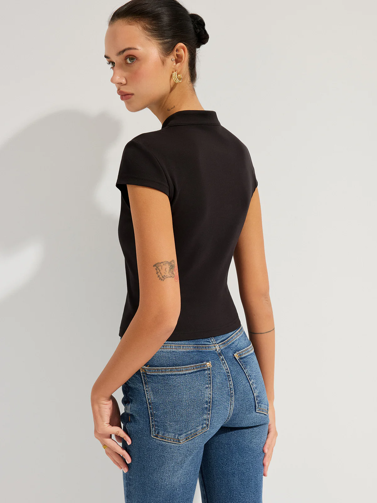 Mandarin Collar Keyhole Short Sleeve Top - Image 5