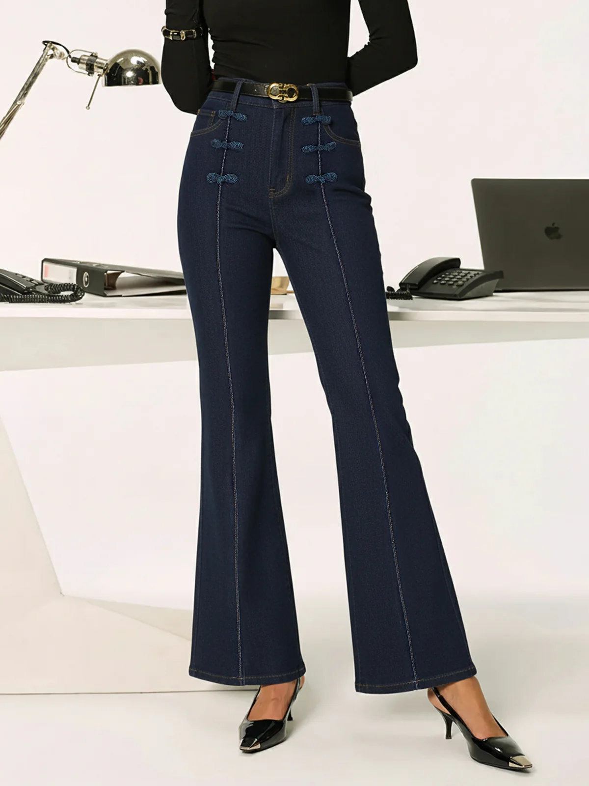 Mandarin Knot Slim Stretch Flare Denim Pants