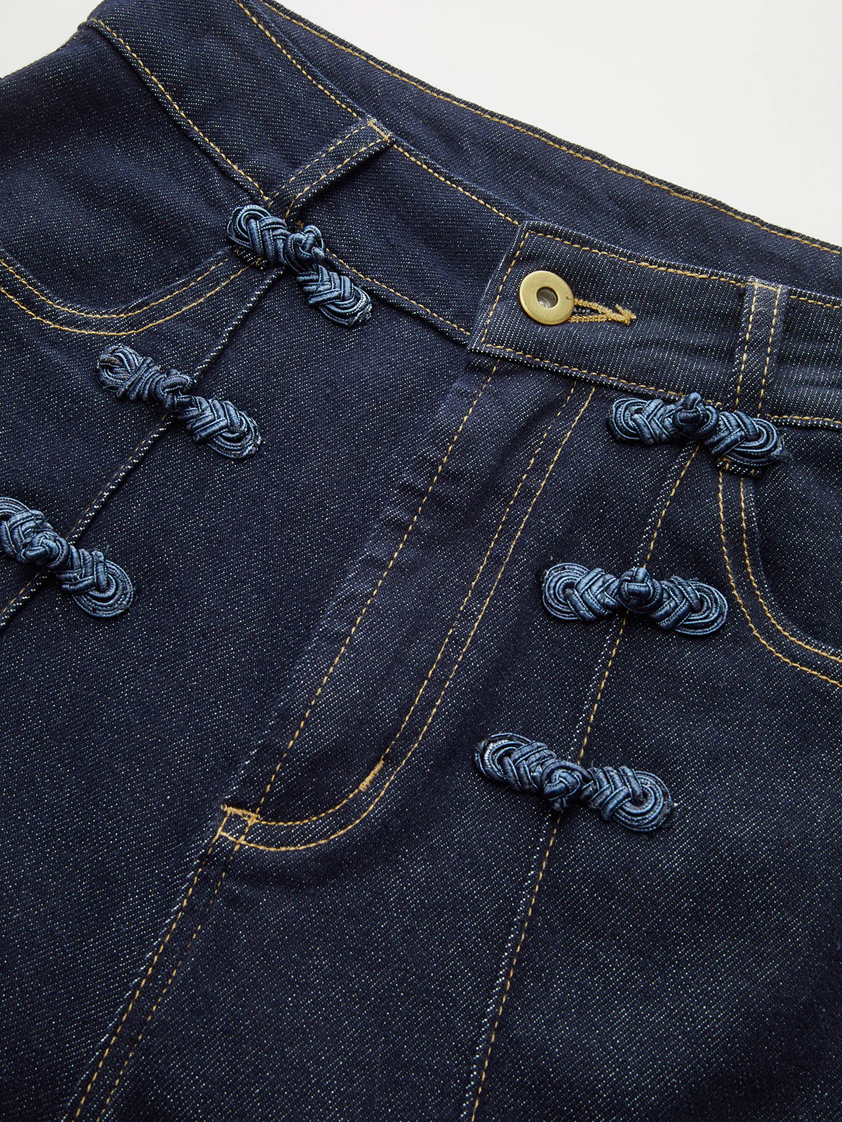 Mandarin Knot Slim Stretch Flare Denim Pants - Image 4