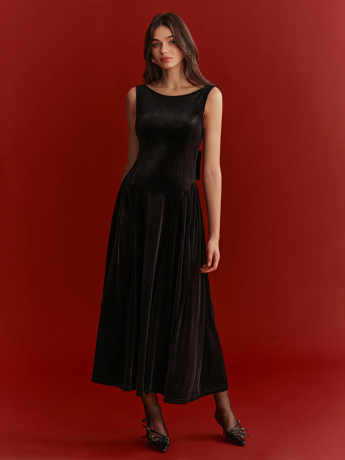 Mesh Back Bow Detail Velvet Maxi Dress - Image 2