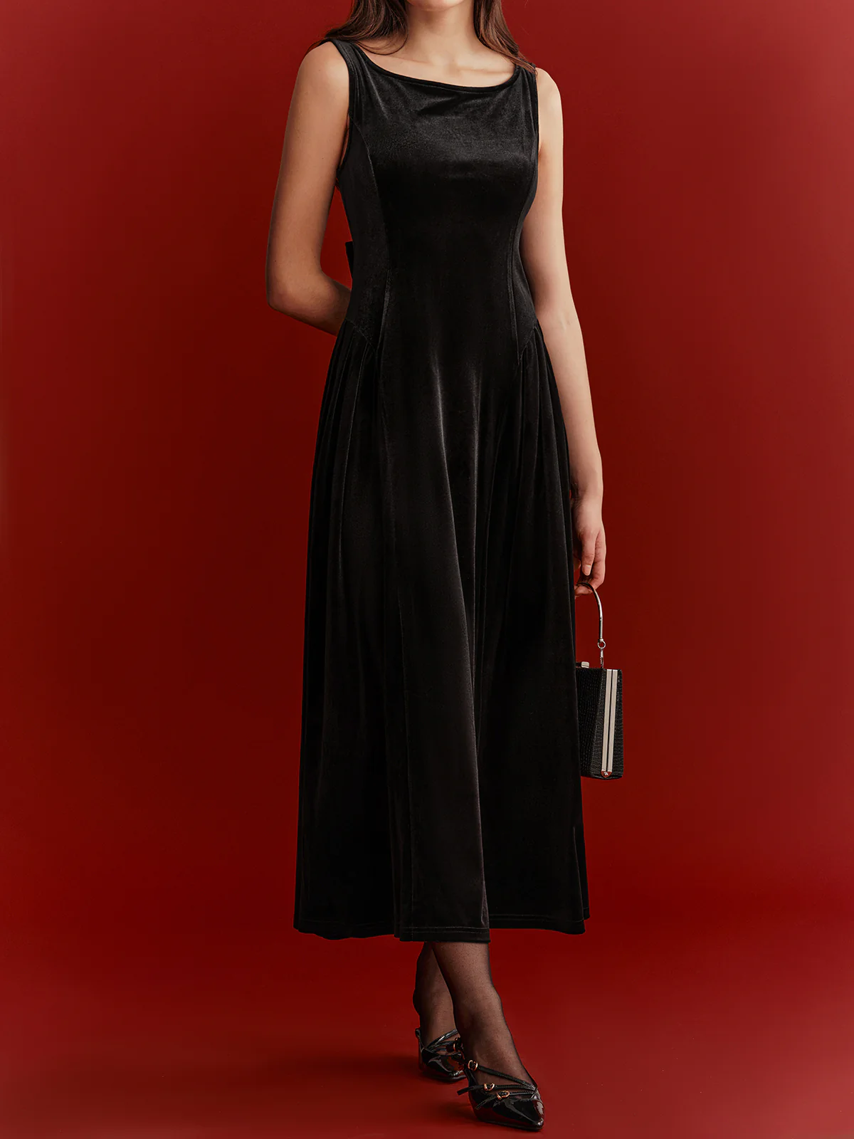Mesh Back Bow Detail Velvet Maxi Dress - Image 5