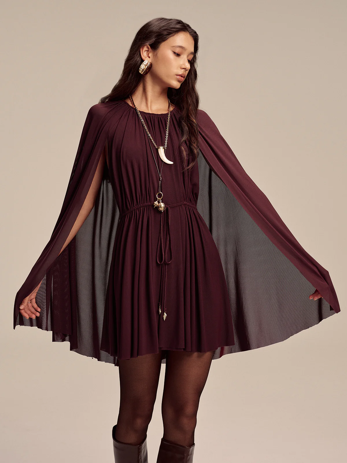 Mesh Cape Sleeve Tie-Waist Mini Dress - Image 3