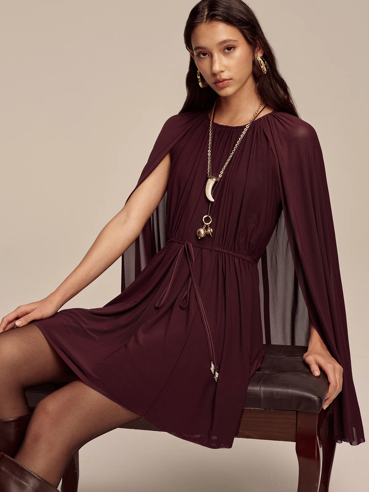Mesh Cape Sleeve Tie-Waist Mini Dress - Image 4