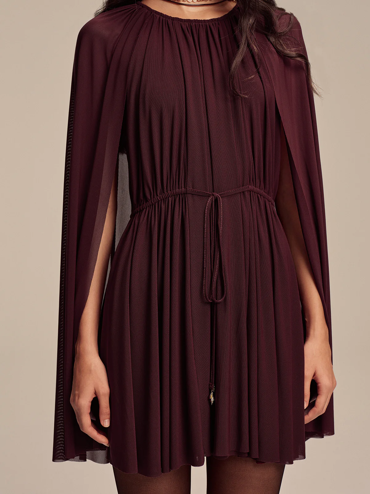 Mesh Cape Sleeve Tie-Waist Mini Dress - Image 5