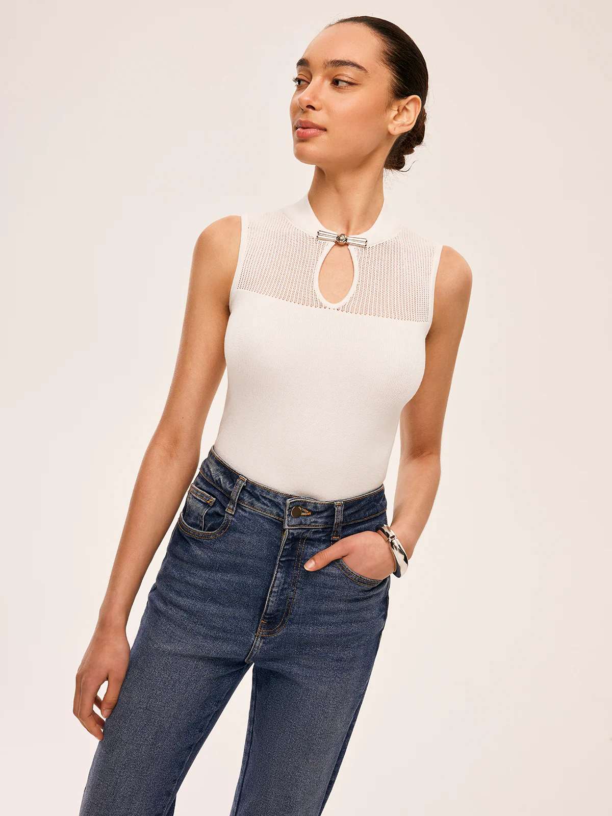 Mesh Detail Keyhole Neck Ribbed Top - Image 3