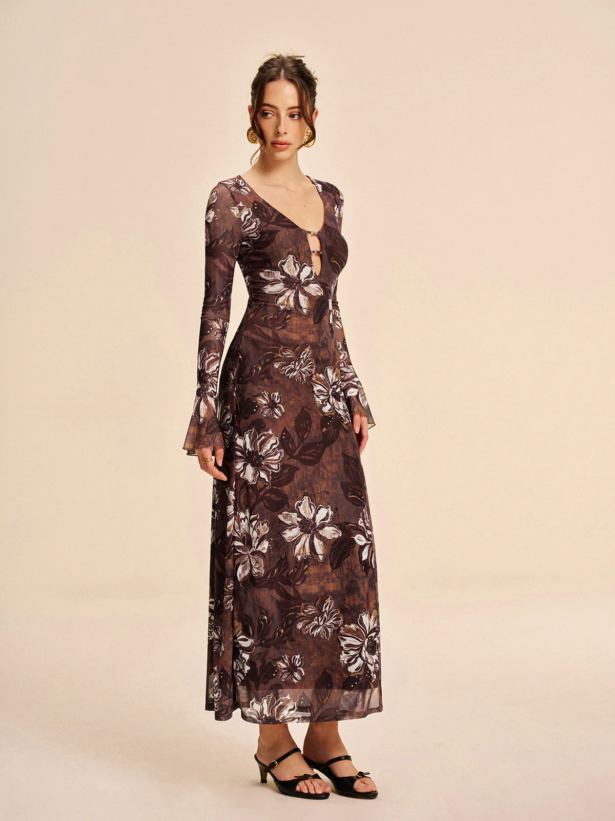 Semi-Sheer Mesh Floral Cutout Slit Dress - Image 6