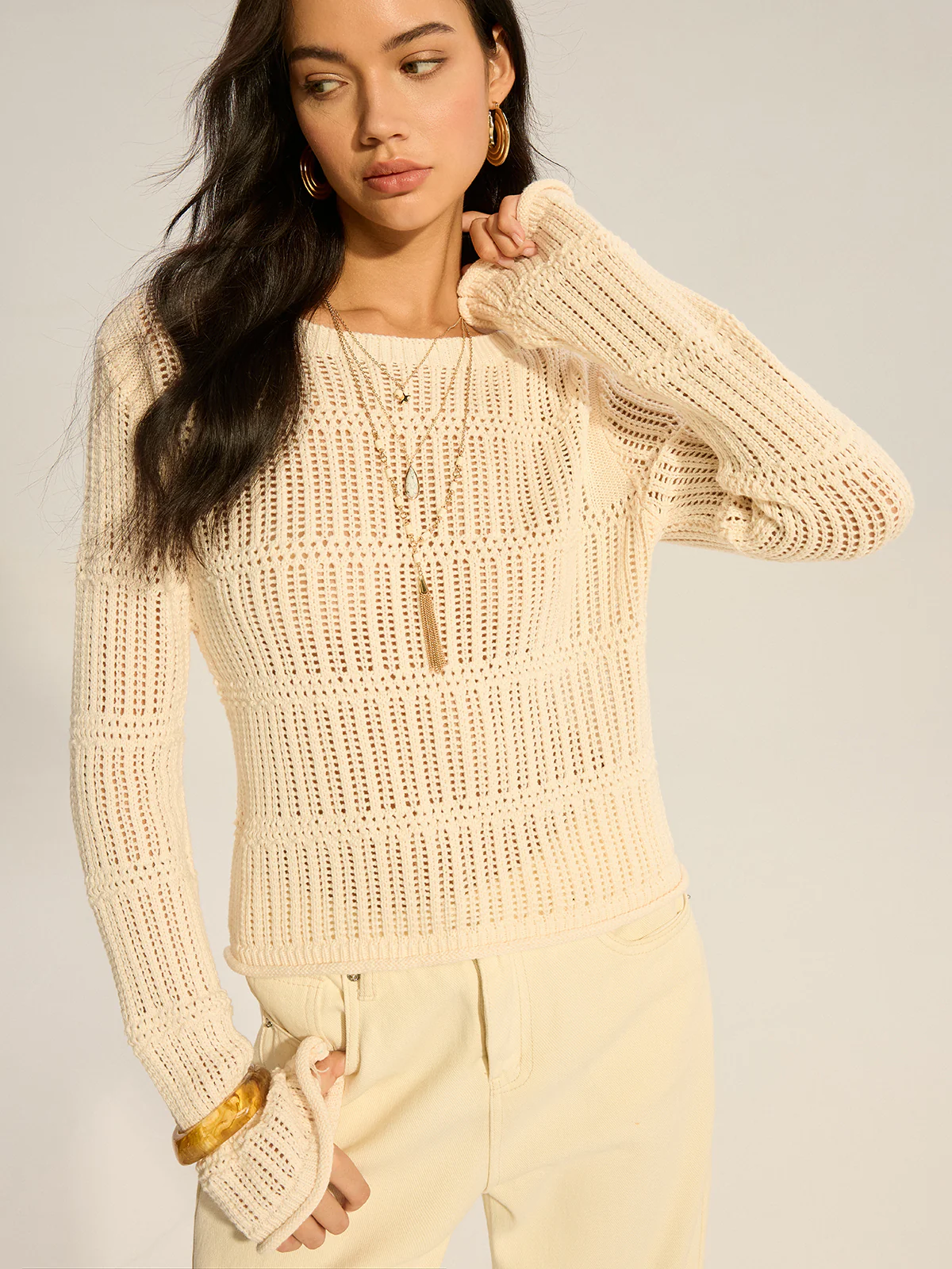 Mesh-Knit Long-Sleeve Sweater - Image 2