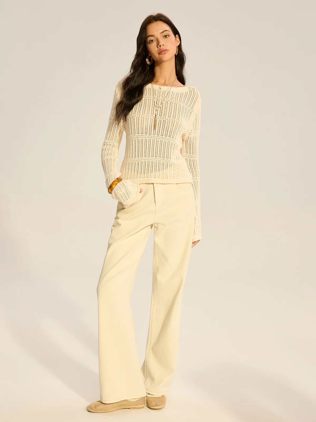 Mesh-Knit Long-Sleeve Sweater - Image 3