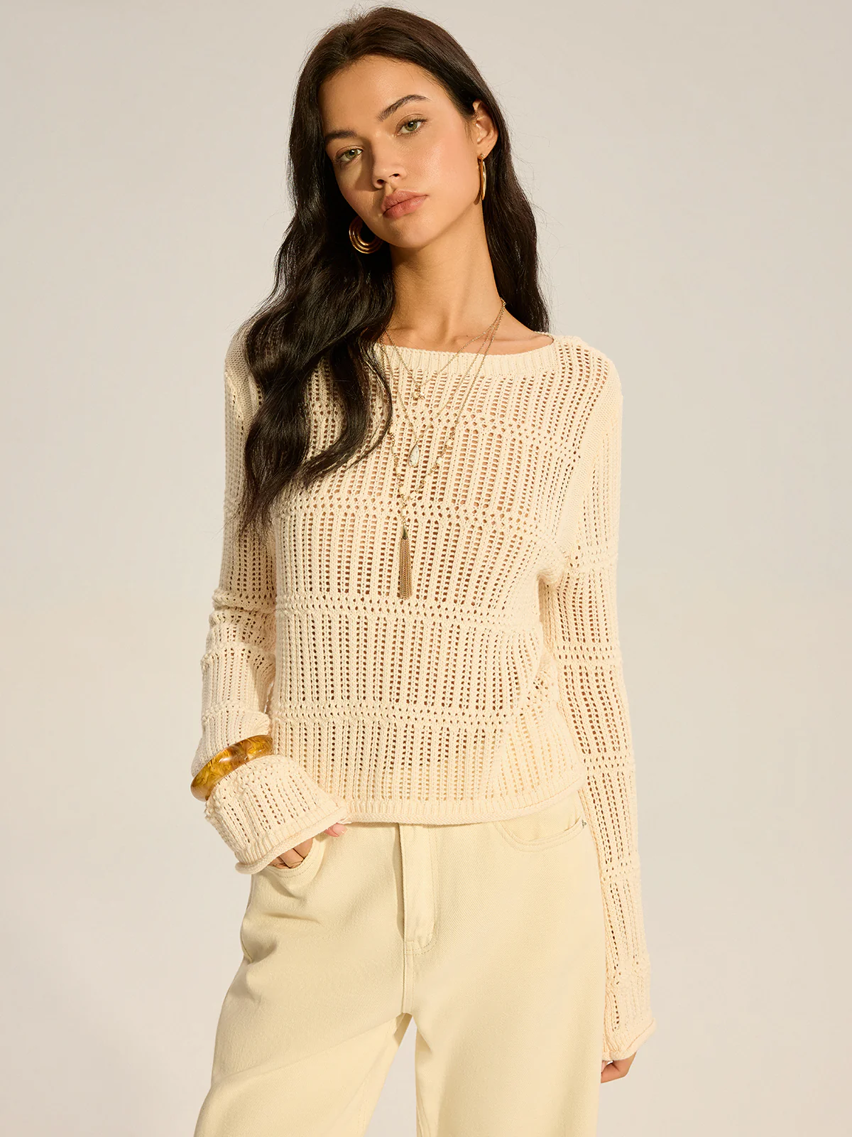 Mesh-Knit Long-Sleeve Sweater - Image 4
