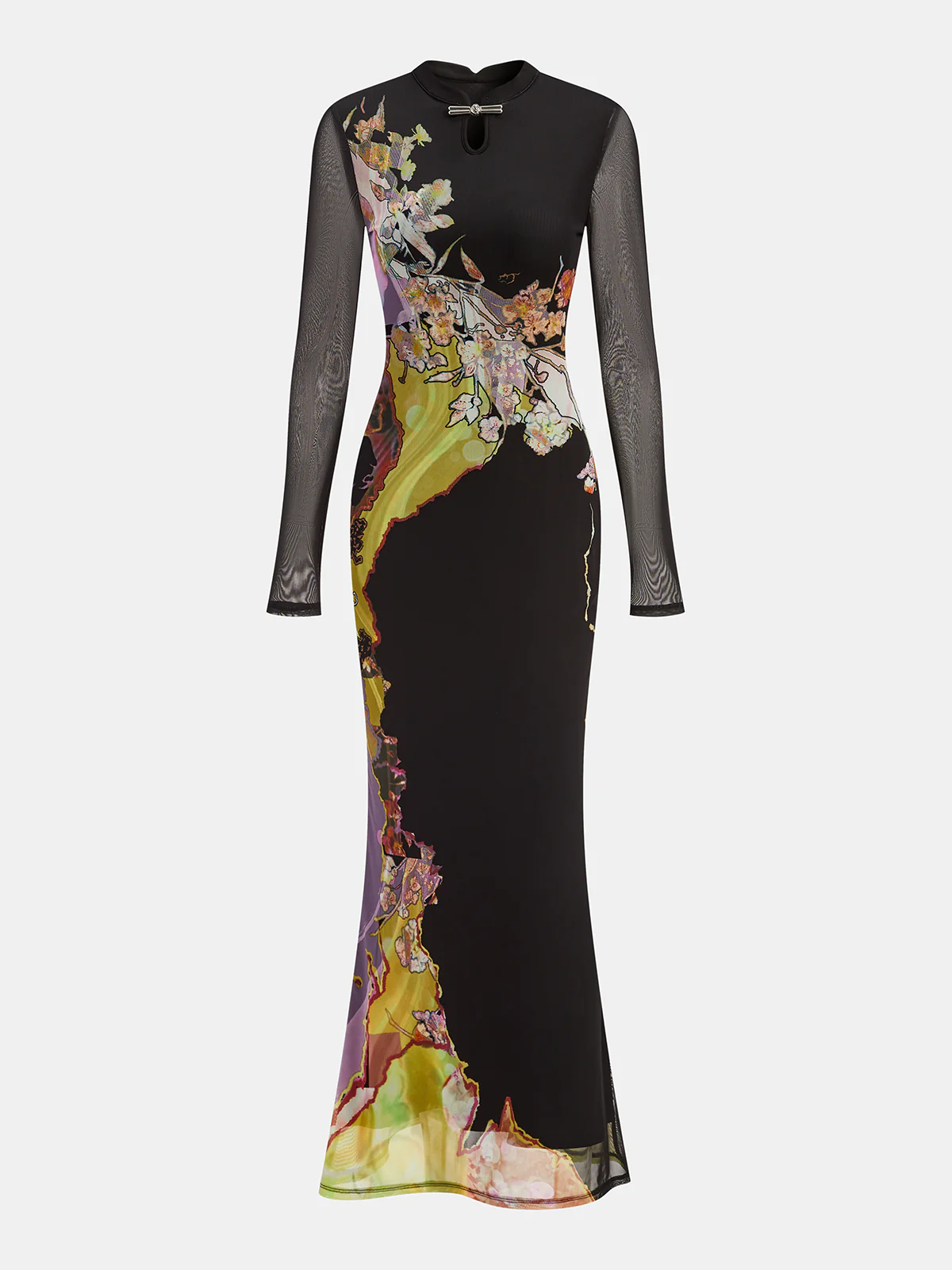 Mesh Long Sleeve Floral Print Maxi Dress - Image 2