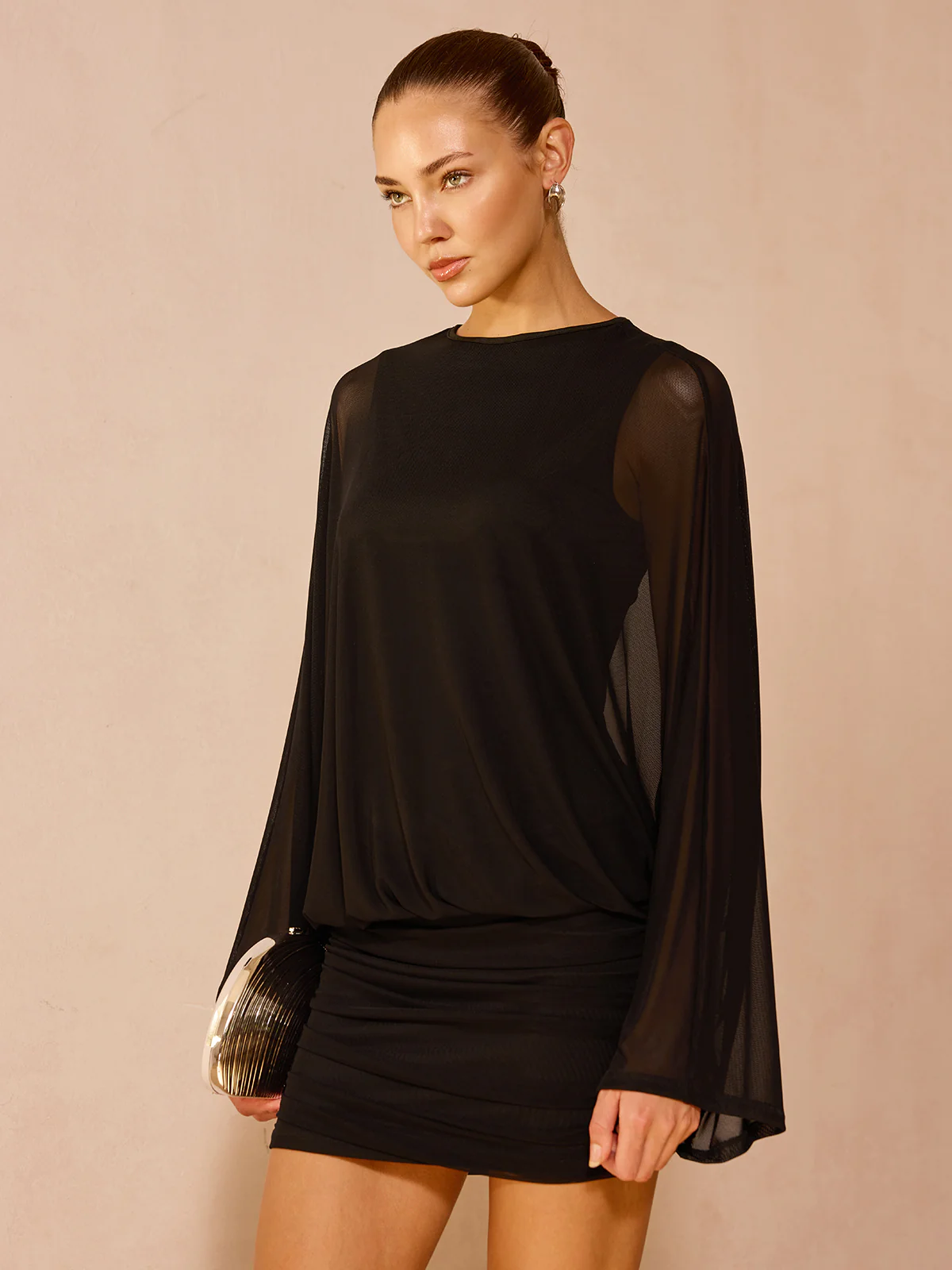 Mesh Long Sleeve Ruched Mini Dress - Image 4