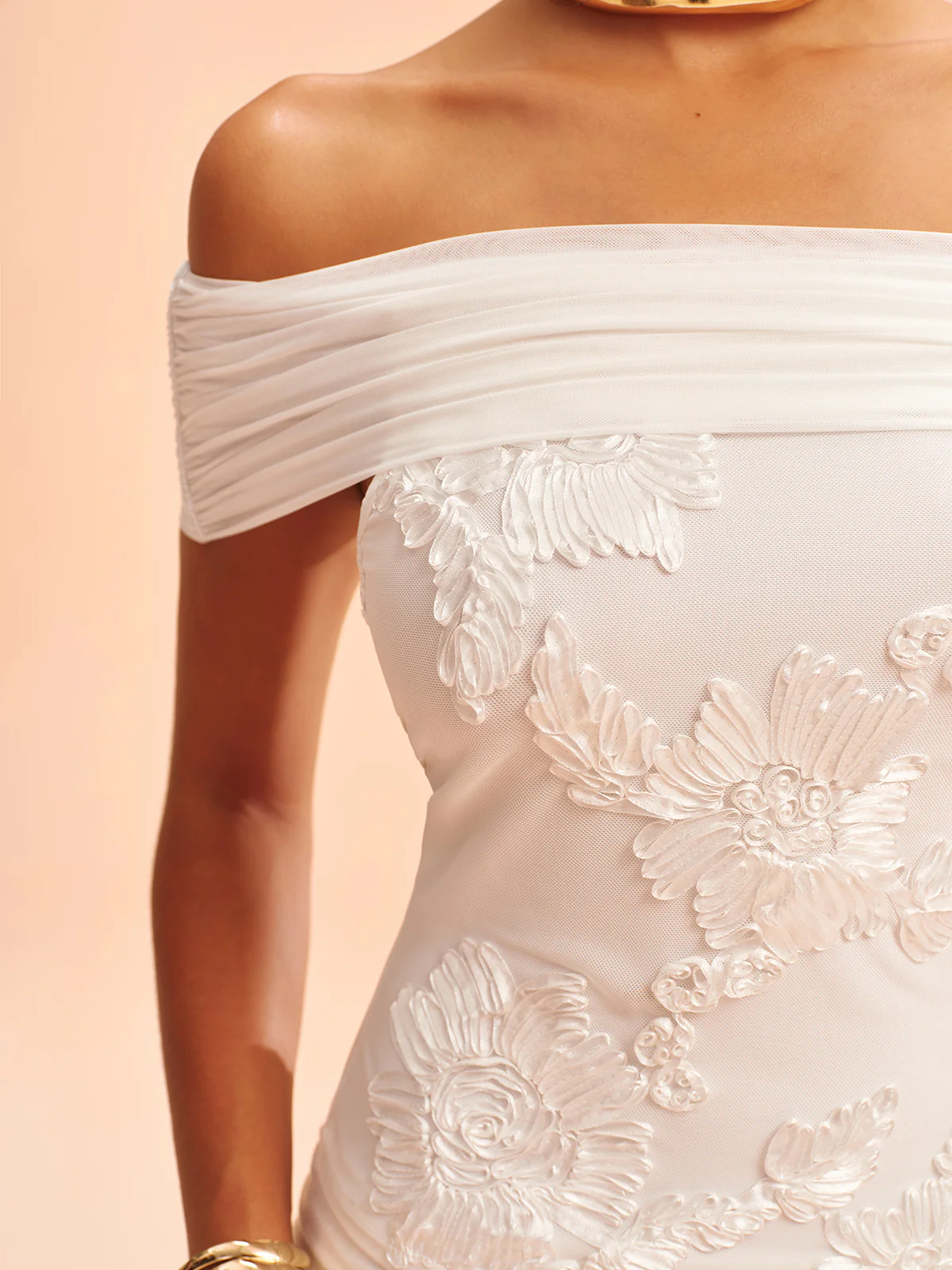 Mesh Off-Shoulder Floral Applique Blouse - Image 3