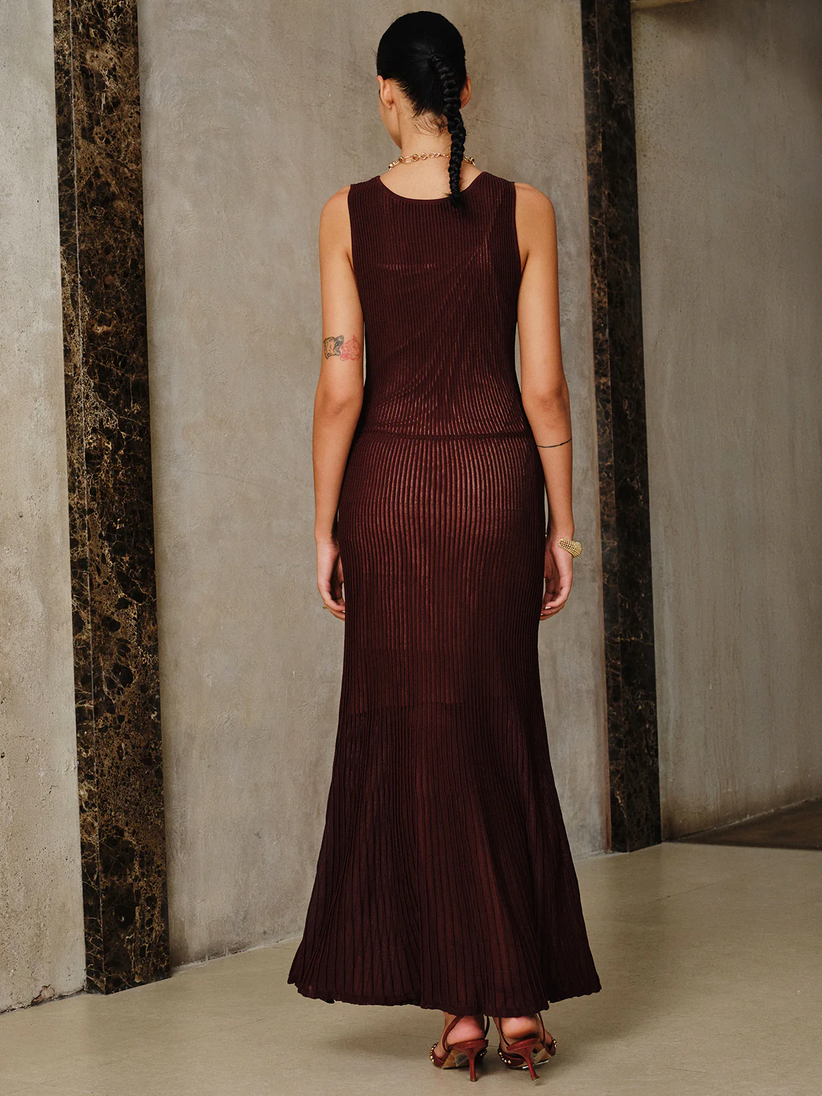 Mesh Panel Ribbed Knit Maxi Dress Set with Liner - Image 5