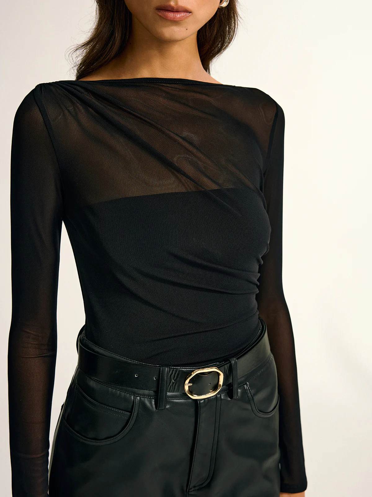 Mesh Panel Ruched Long Sleeve Bodysuit - Image 2