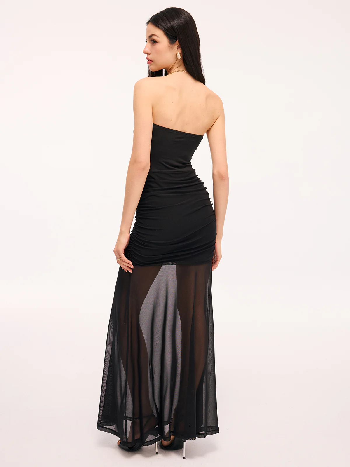 Mesh Panel Strapless Ruched Maxi Dress - Image 4
