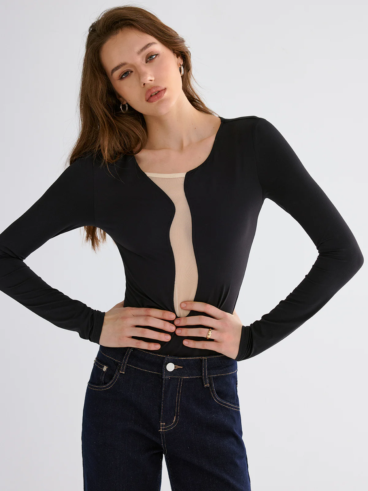 Mesh Patchwork Skinny Bodysuits - Image 2