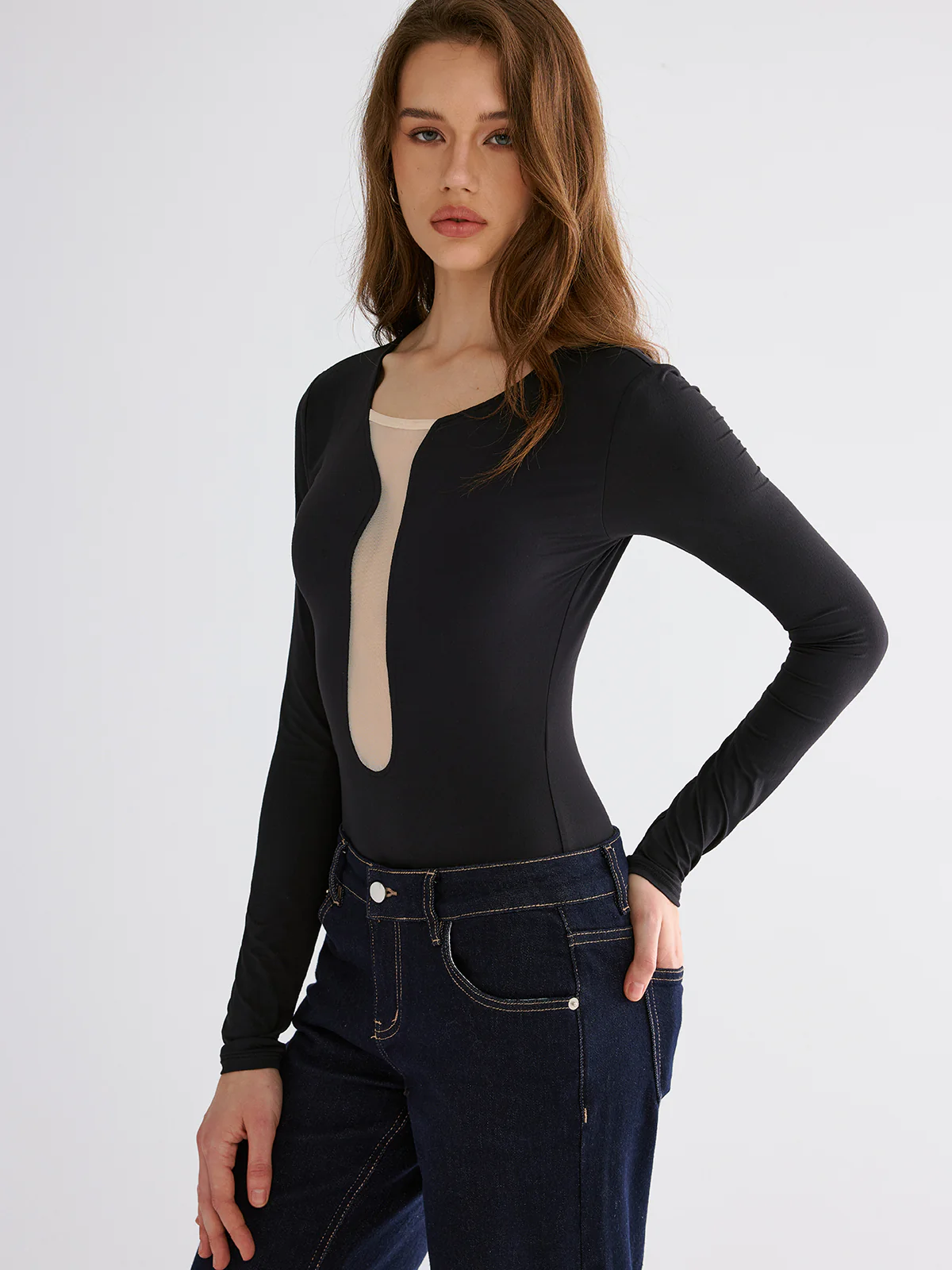 Mesh Patchwork Skinny Bodysuits - Image 3