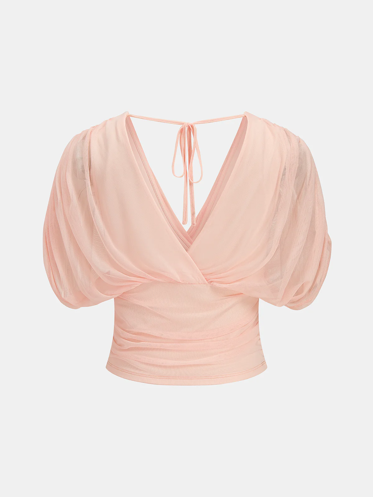Mesh Puff Sleeve Deep V Neck Top - Image 2