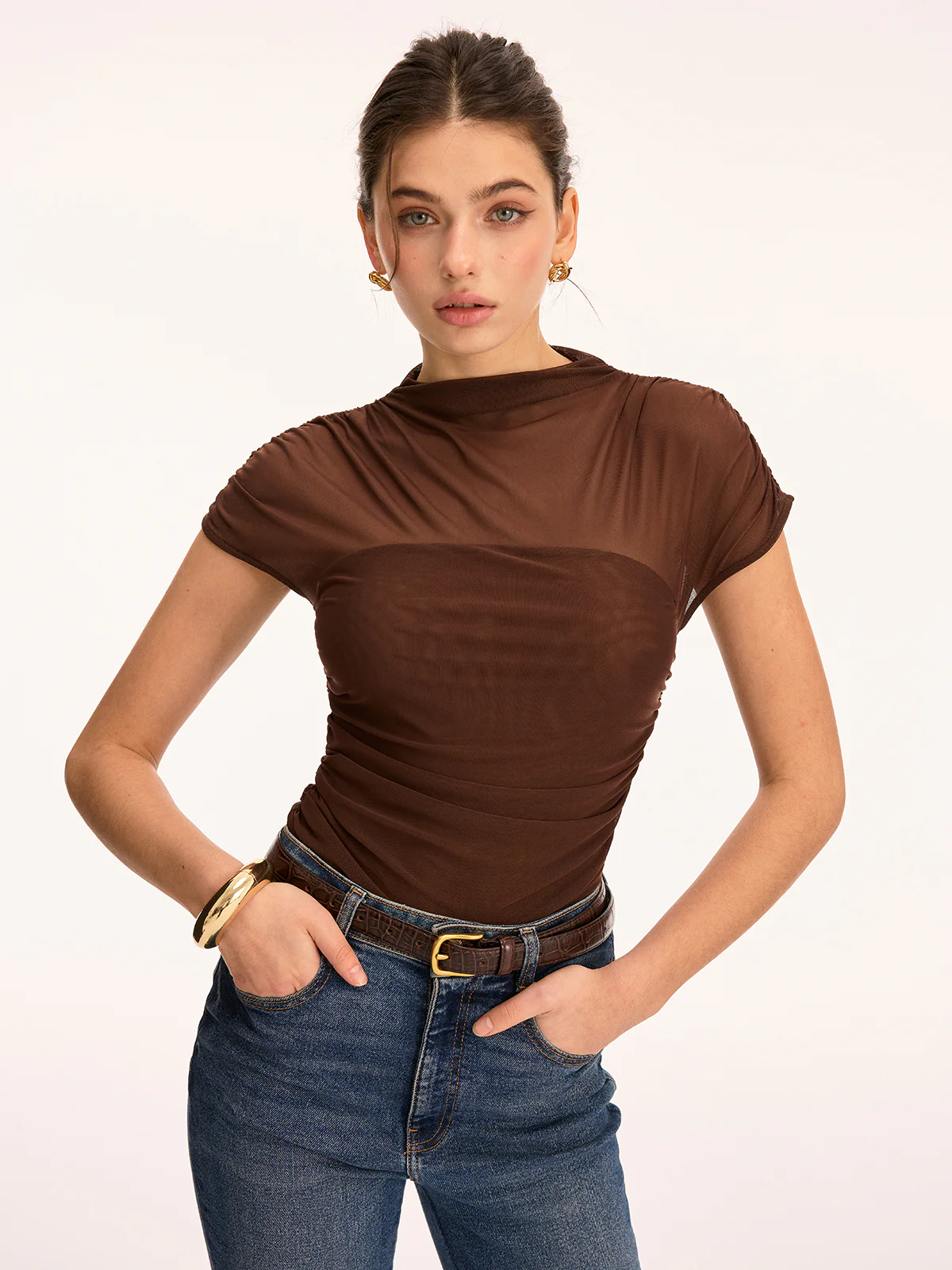 Mesh Ruched Mock Neck Top - Image 2