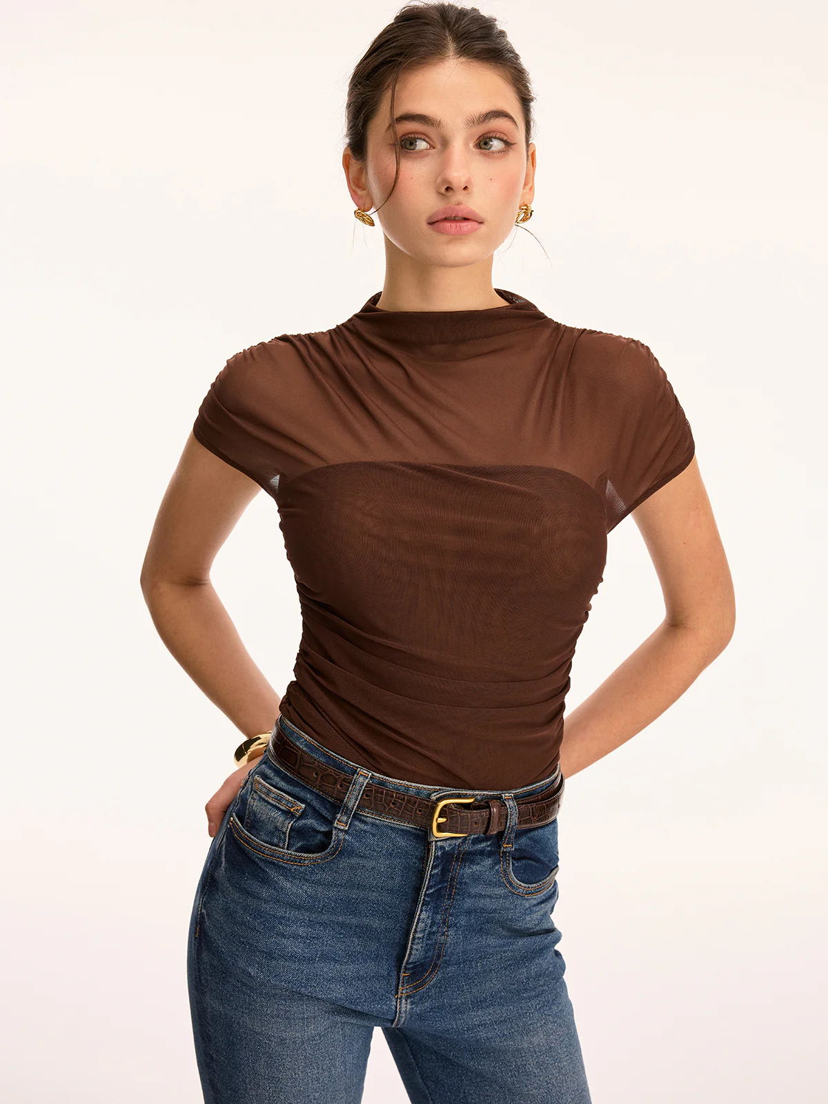 Mesh Ruched Mock Neck Top - Image 3