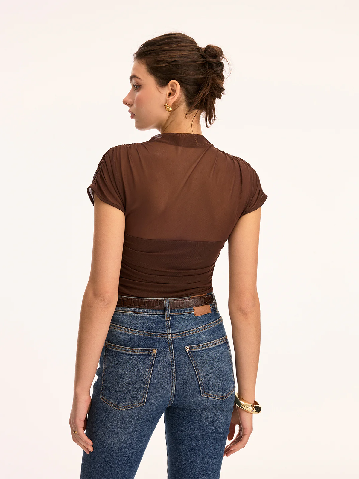 Mesh Ruched Mock Neck Top - Image 5