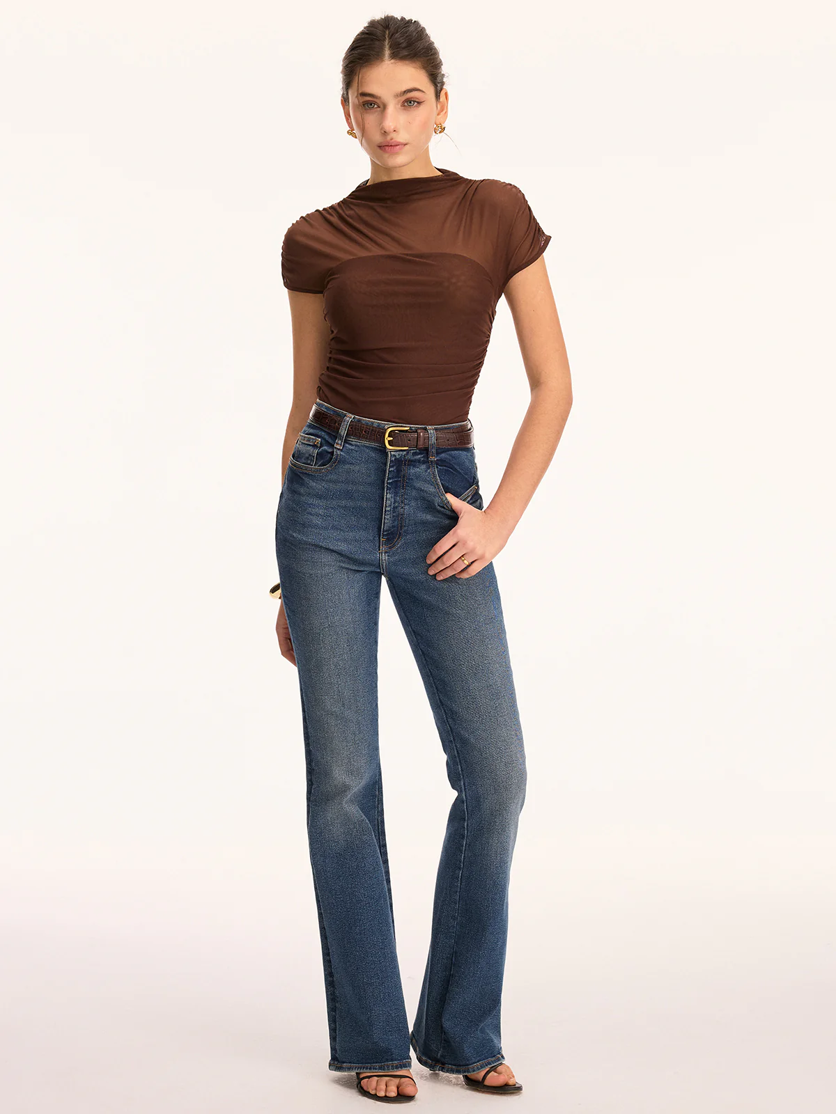 Mesh Ruched Mock Neck Top - Image 6