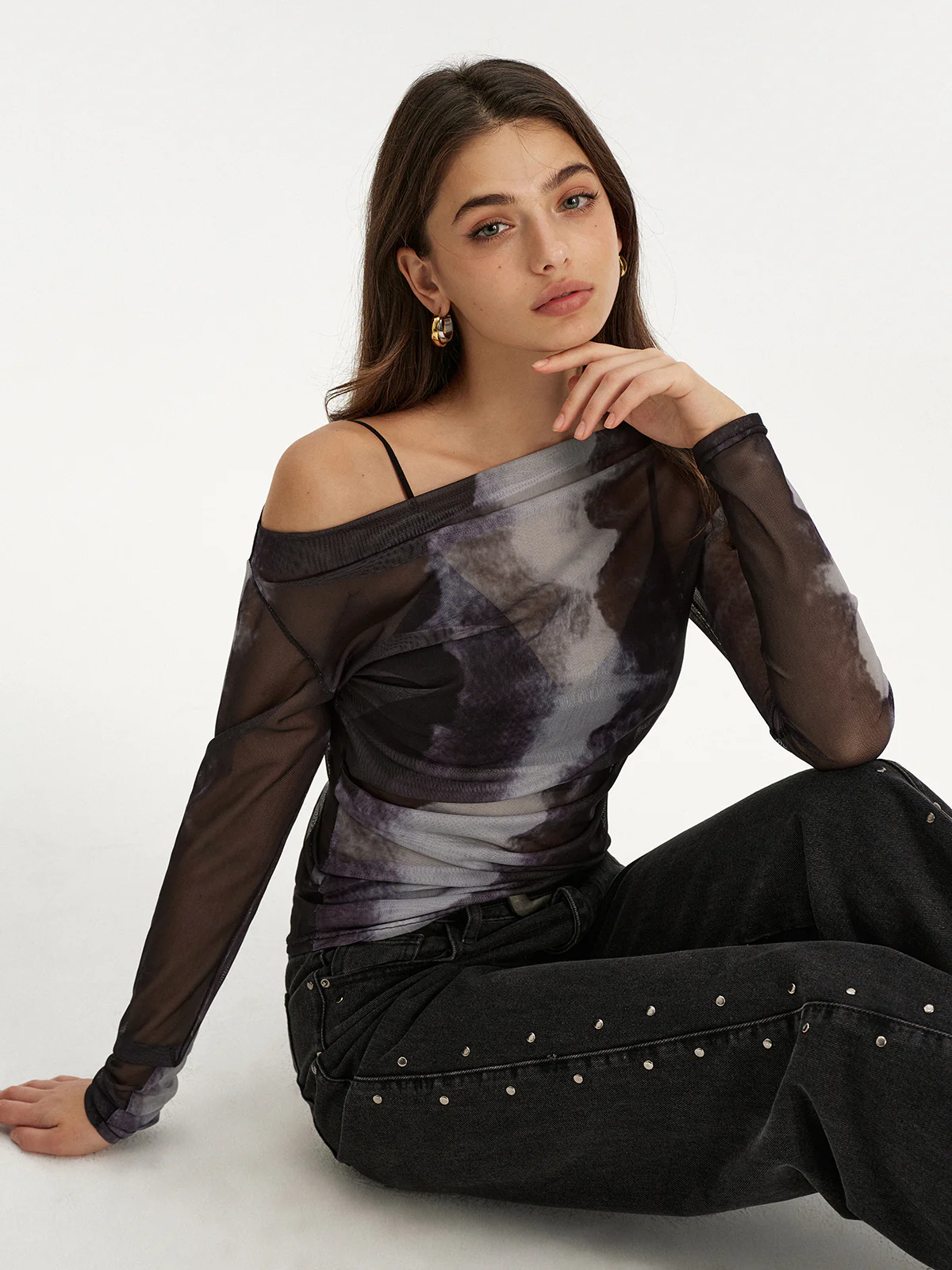 Mesh Tie-Dye Off-Shoulder Long Sleeve T-Shirt - Image 6