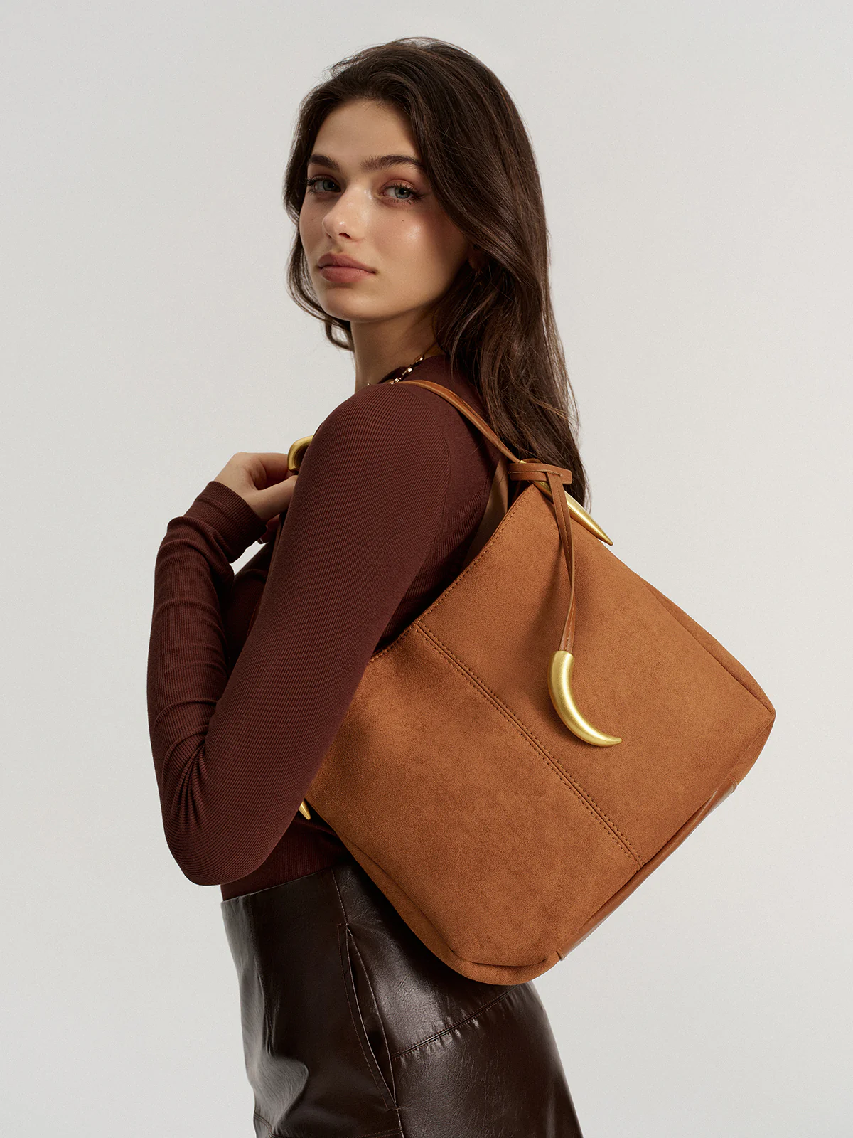 Metal Accent Faux Suede Hobo Bag - Image 5