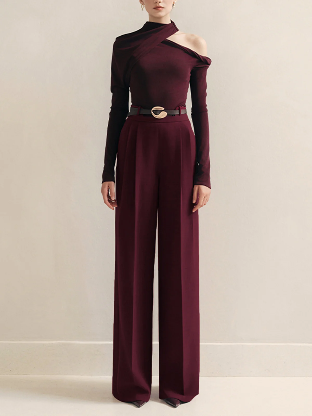 Metal-Belt Pleated High-Waist Pants - Image 2