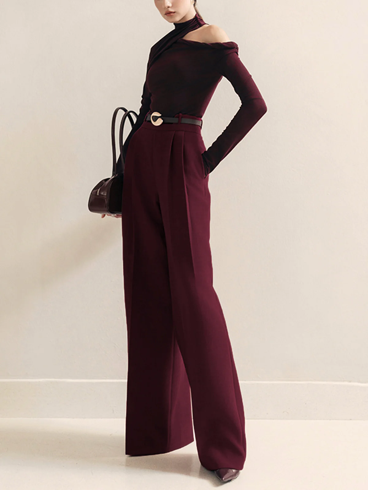 Metal-Belt Pleated High-Waist Pants - Image 3