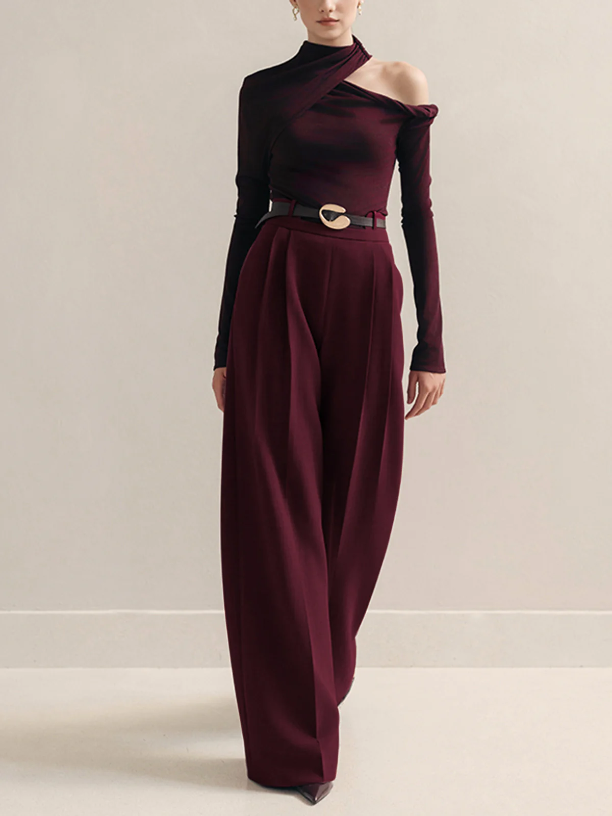 Metal-Belt Pleated High-Waist Pants - Image 4