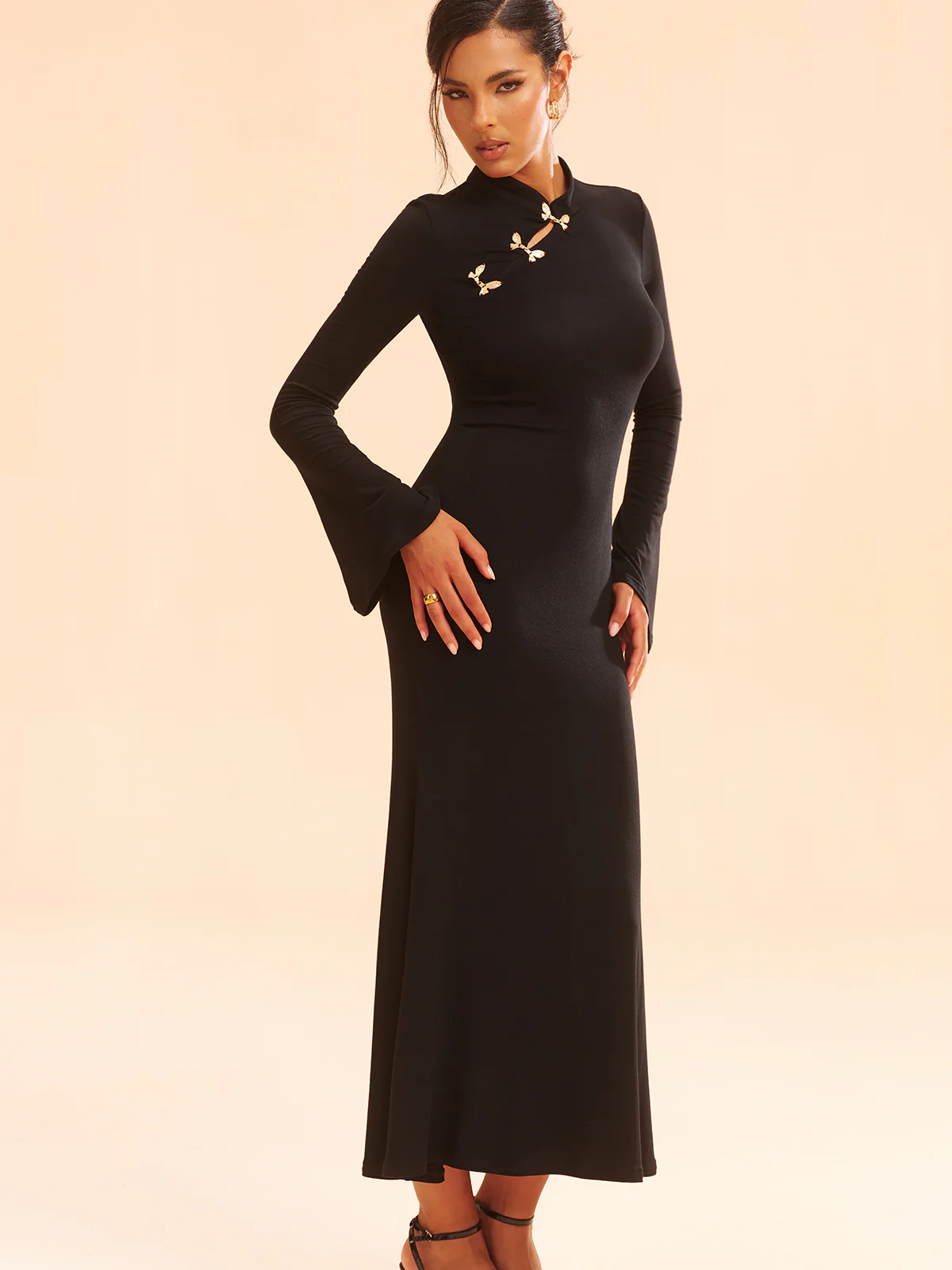 Metal Bow Detail Stand Collar Maxi Dress