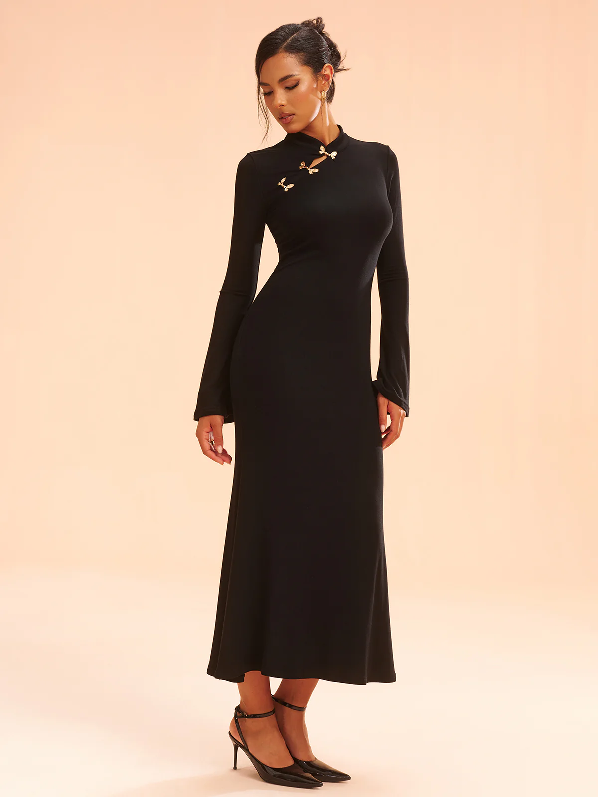Metal Bow Detail Stand Collar Maxi Dress - Image 4