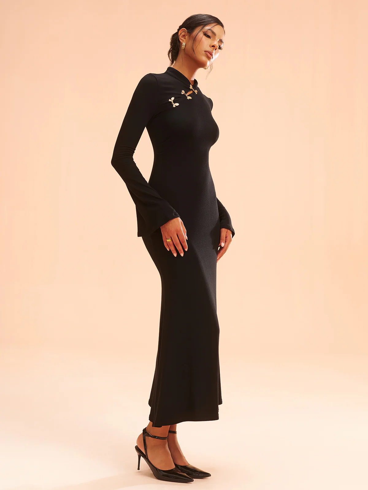 Metal Bow Detail Stand Collar Maxi Dress - Image 5