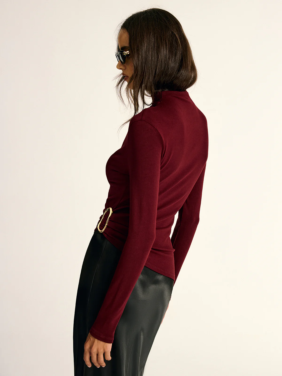 Metal Buckle Asymmetric Mock Neck Blouse - Image 3