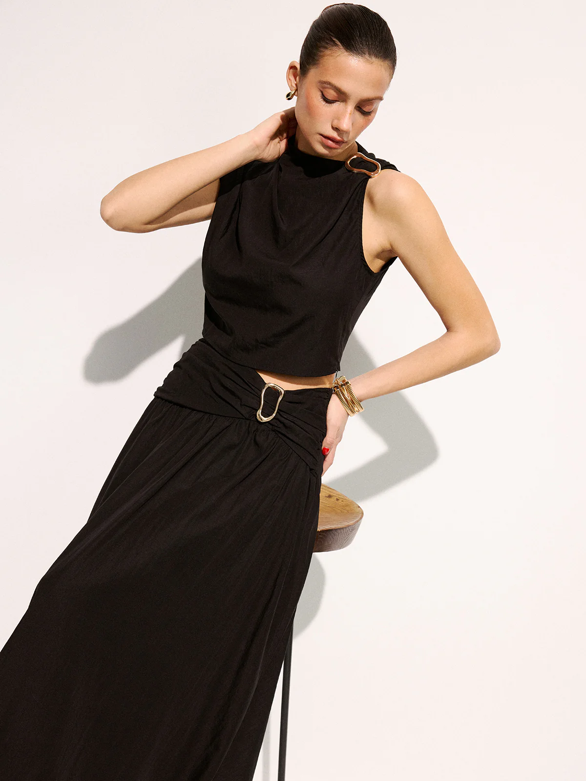 Metal Buckle Sleeveless Top & Midi Skirt Set - Image 6