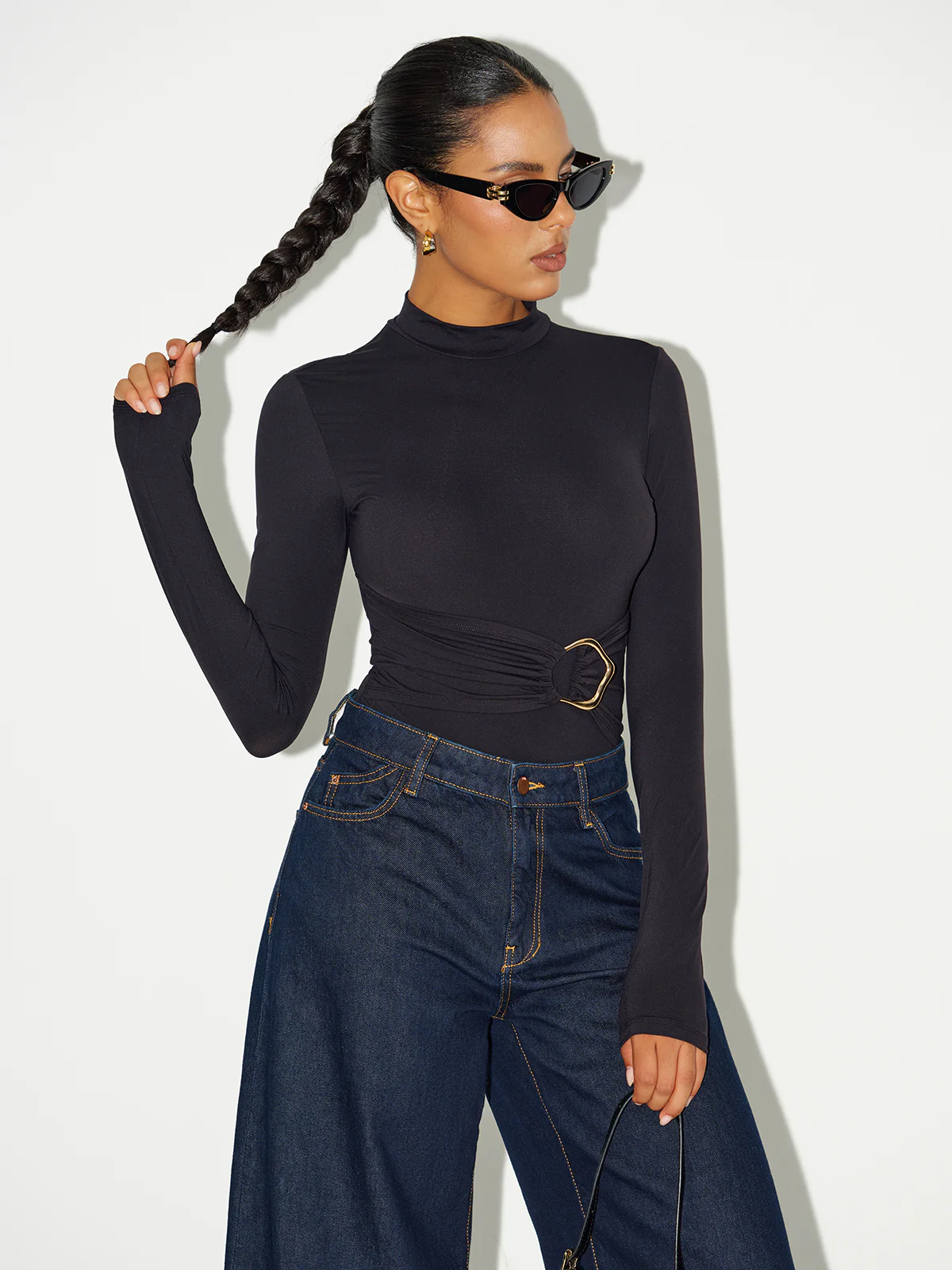 Metal Buckle Stand Collar Long Sleeve Bodysuit - Image 5