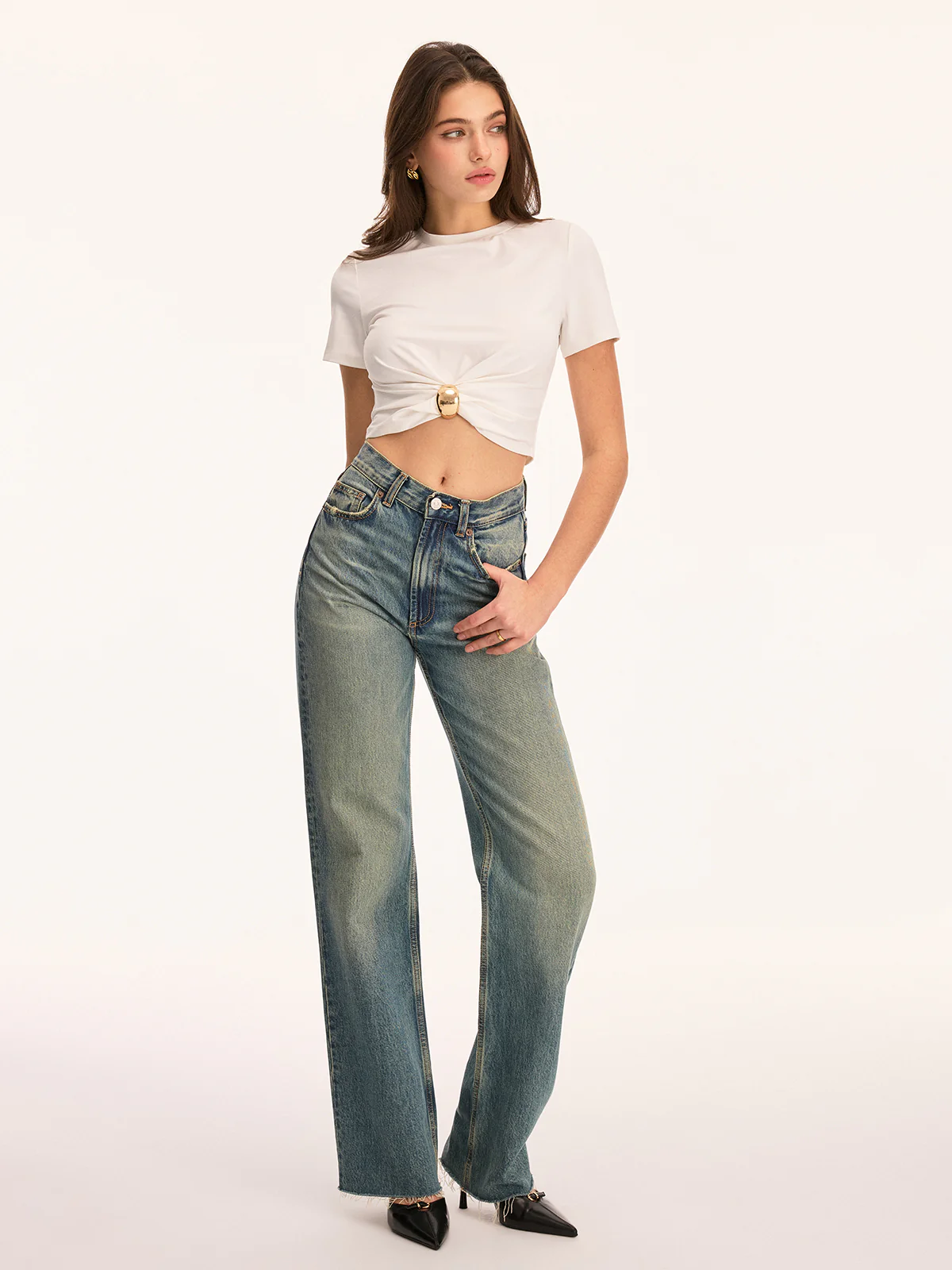 Metal Buckle Twist Front Crop Top - Image 2