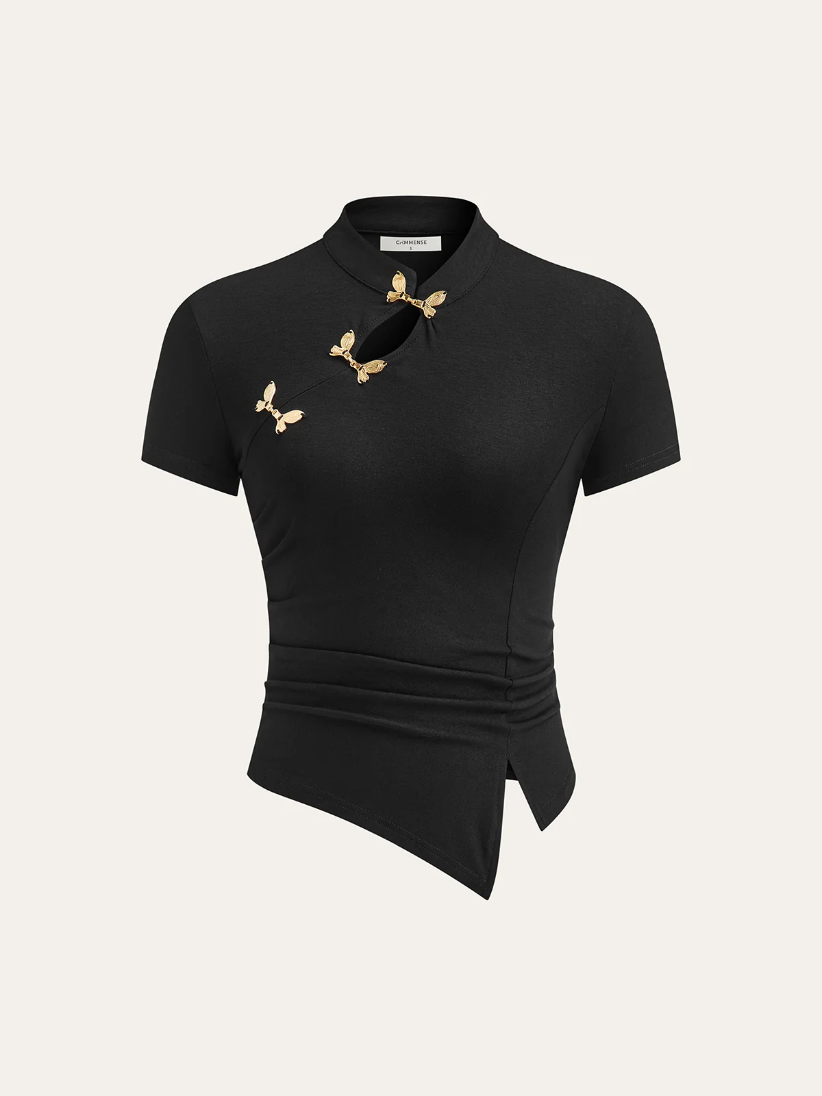 Metal Butterfly Detail Asymmetric Ruched Top