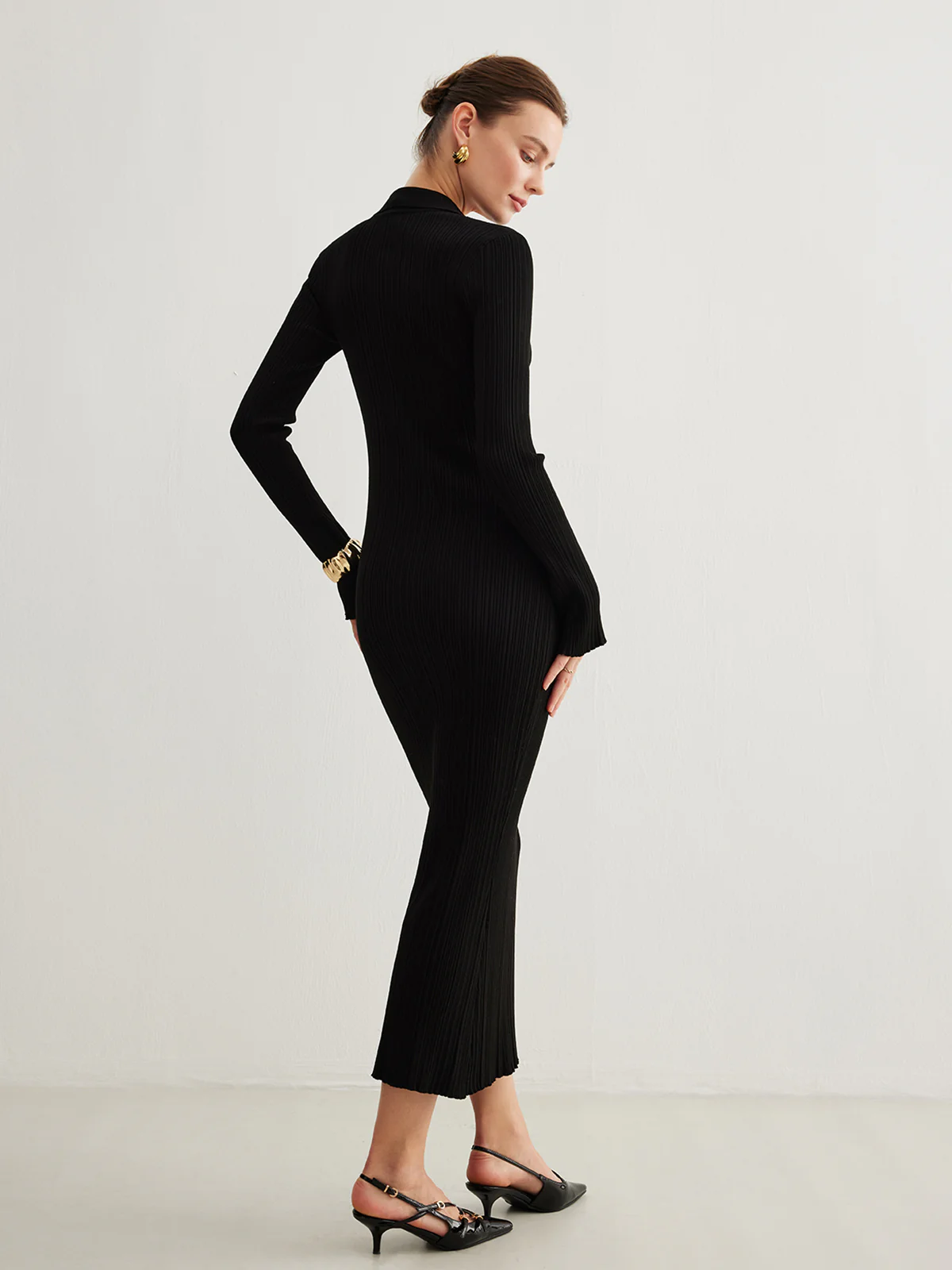 Metal-Button Bell-Sleeve Sweater Long Dress - Image 5