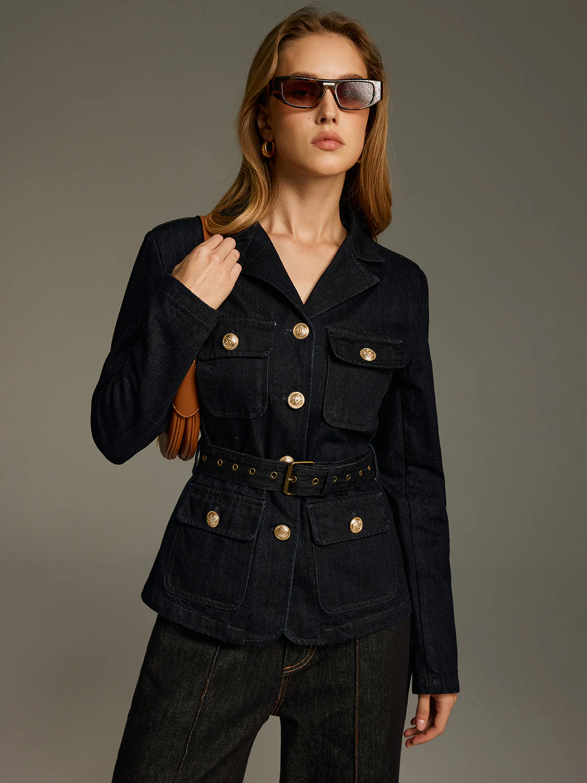 Metal Button Belted Denim Blazer - Image 5