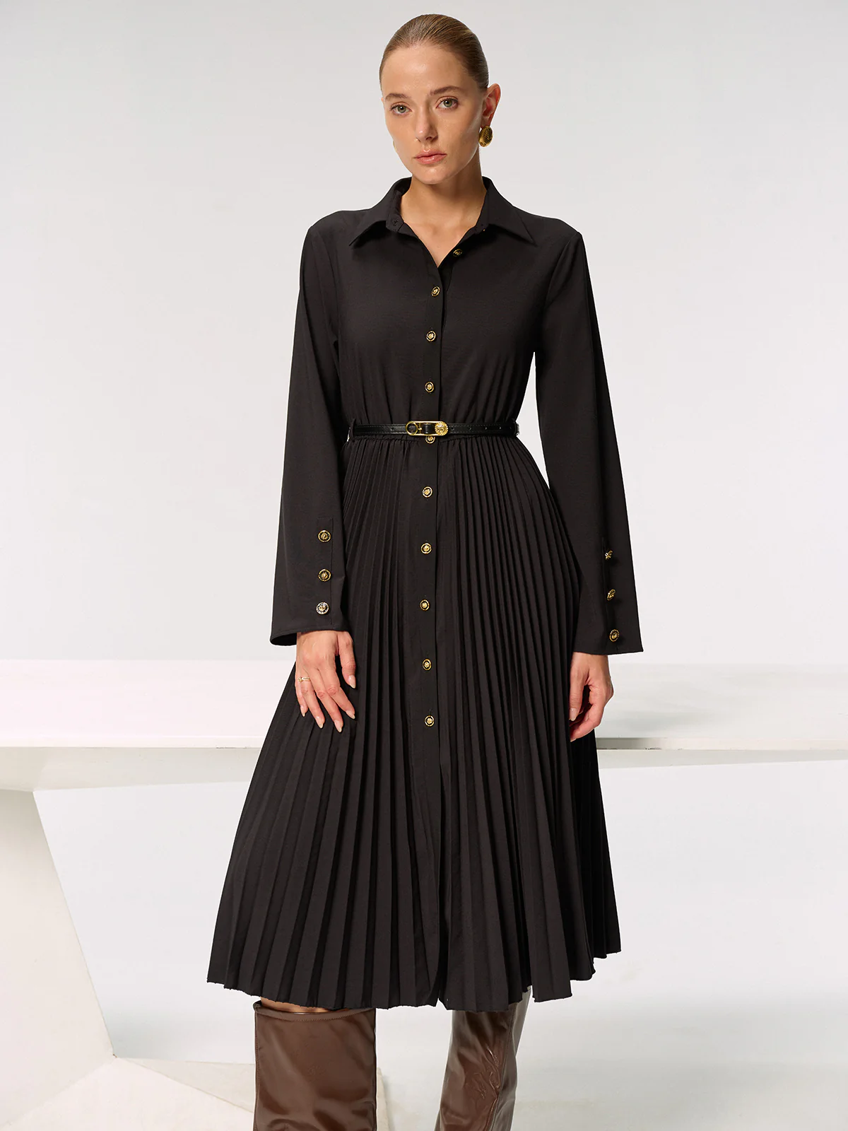 Metal Button Belted Pleated Shirt Dress - Image 2