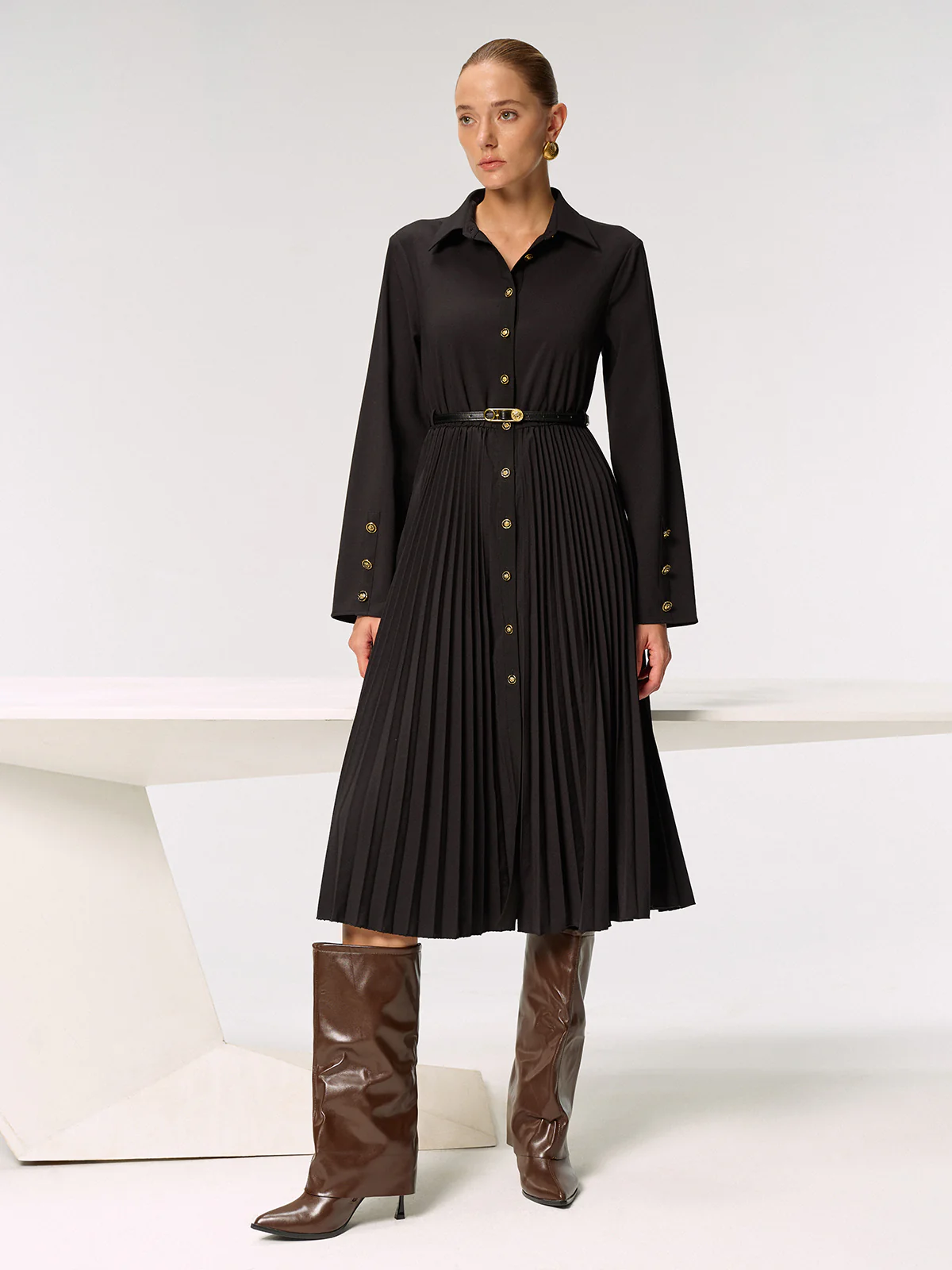 Metal Button Belted Pleated Shirt Dress - Image 6