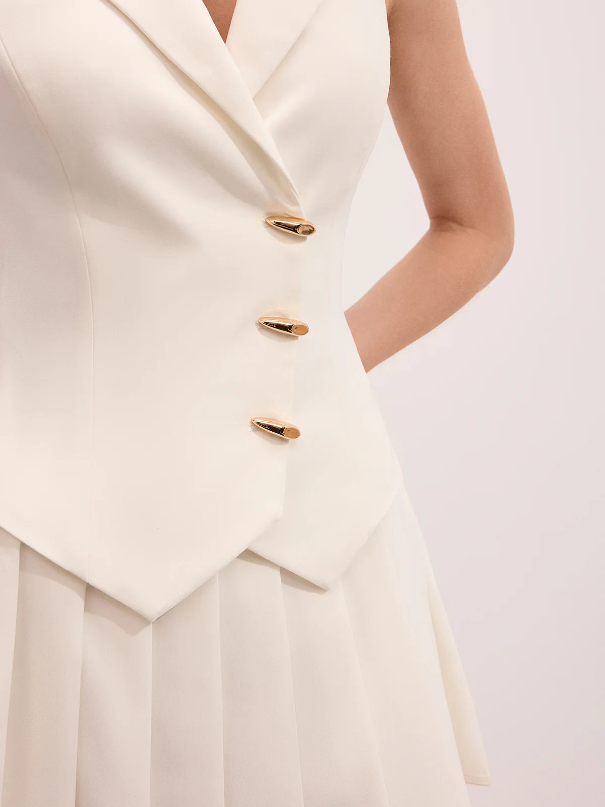 Metal Button Blazer Vest & Pleated Skirt Set - Image 5