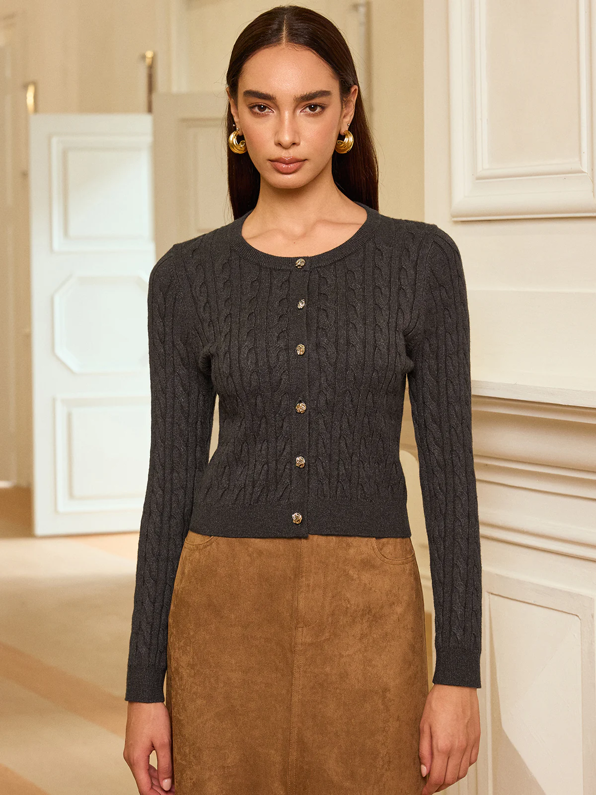 Metal Button Cable-Knit Cardigan - Image 4