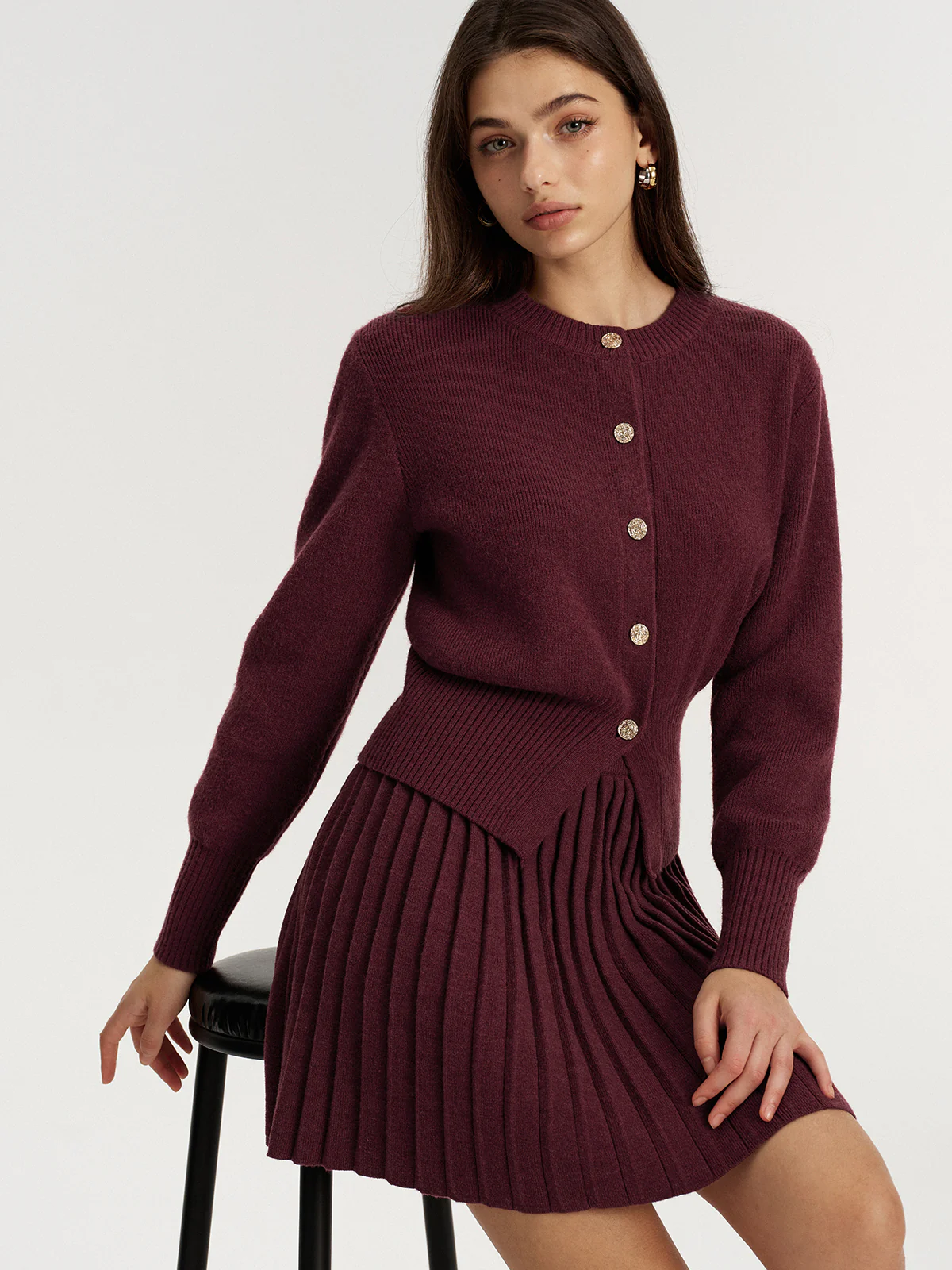 Metal Button Cardigan and Pleated Mini Skirt Set - Image 3