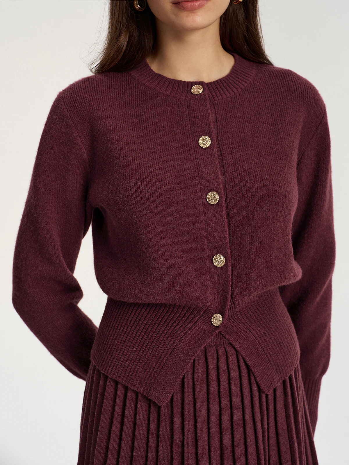 Metal Button Cardigan and Pleated Mini Skirt Set - Image 4