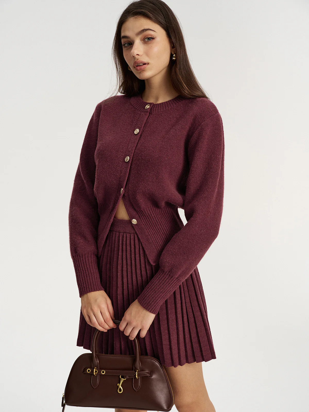 Metal Button Cardigan and Pleated Mini Skirt Set - Image 5