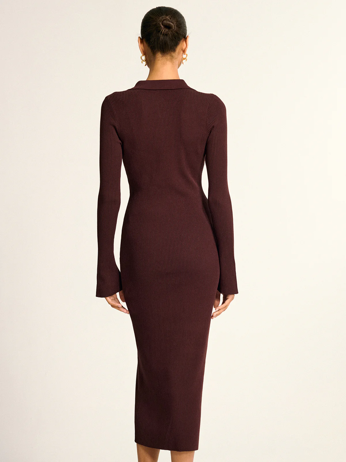 Metal Button Collar Ribbed Knit Midi Dress - Image 6
