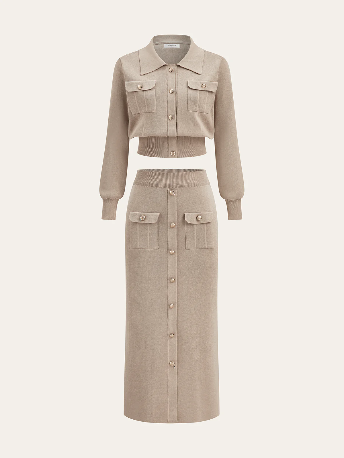 Metal Button Collared Cardigan and Midi Skirt Set - Image 2
